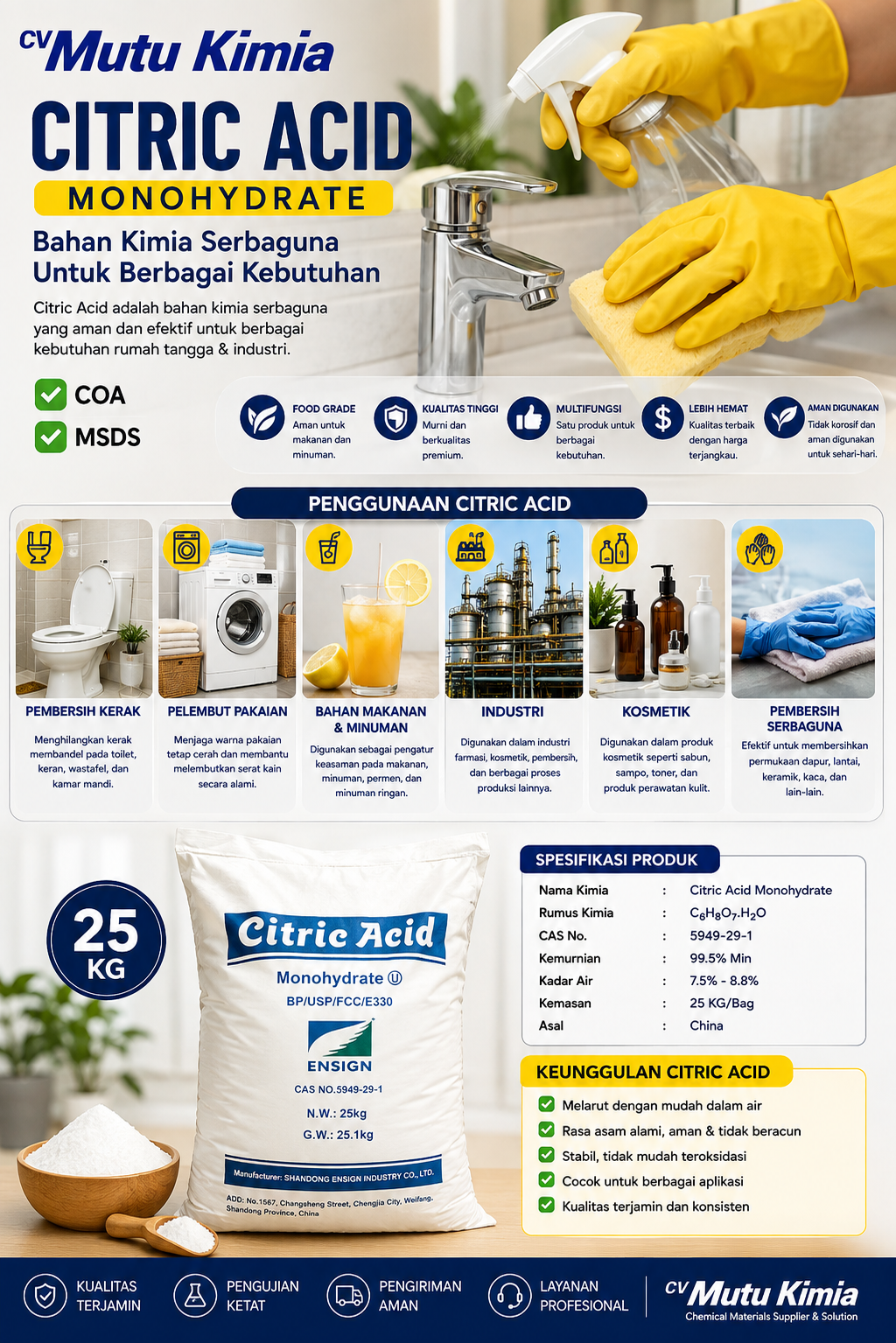 Citric Acid Monohydrate: Bahan Serbaguna untuk Industri Makanan, Minuman, Kosmetik, dan Pembersih Citric Acid Monohydrate: Bahan Serbaguna untuk Industri Makanan, Minuman, Kosmetik, dan Pembersih